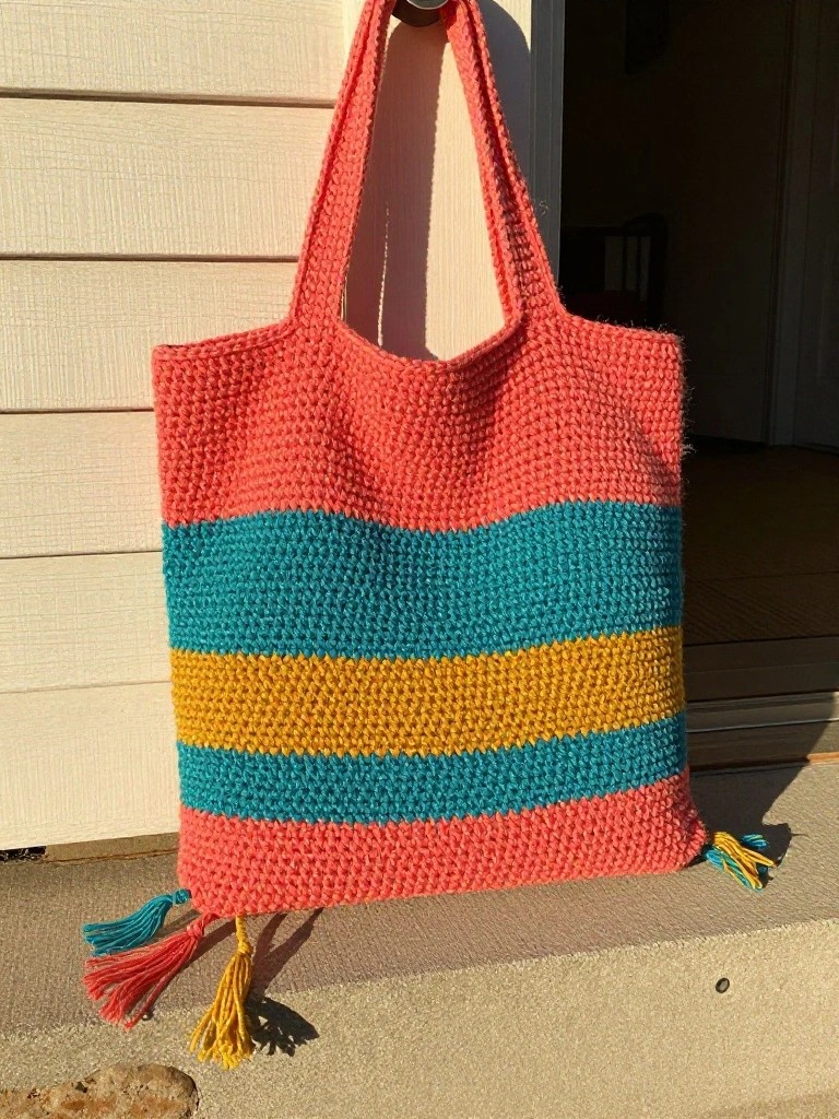 Crocheted tote bag with coral, teal, and yellow stripes and tassels at the bottom hanging on a door hook.