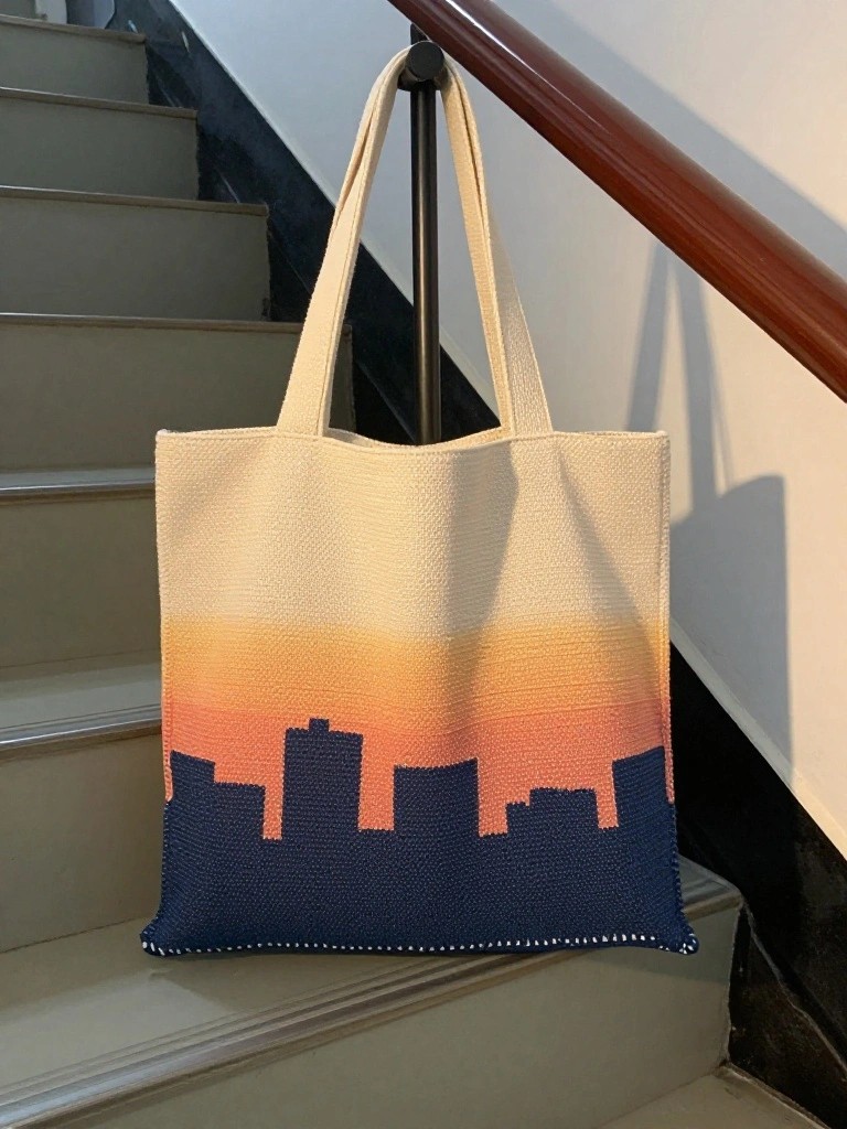 A cream crochet tote bag with an orange-to-navy gradient and dark blue city skyline hangs on a stair railing.
