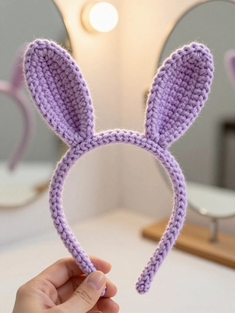 A hand holds a light purple crocheted headband with two upright bunny ears.