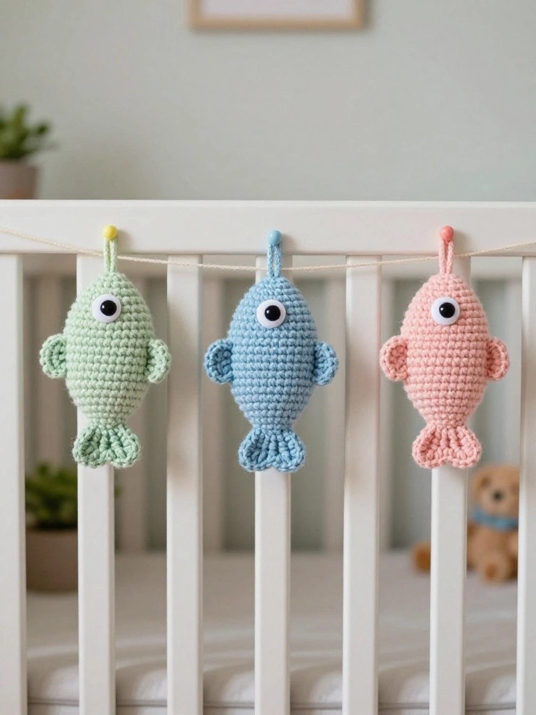 Three pastel crocheted fish hanging from string on white crib railing