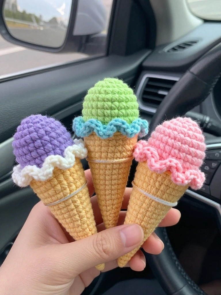 Hand holding three colorful crocheted ice cream cones inside a car.