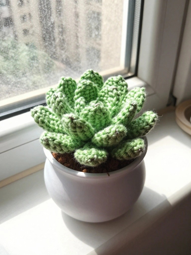 Crocheted green succulent in white pot on sunny windowsill with condensation