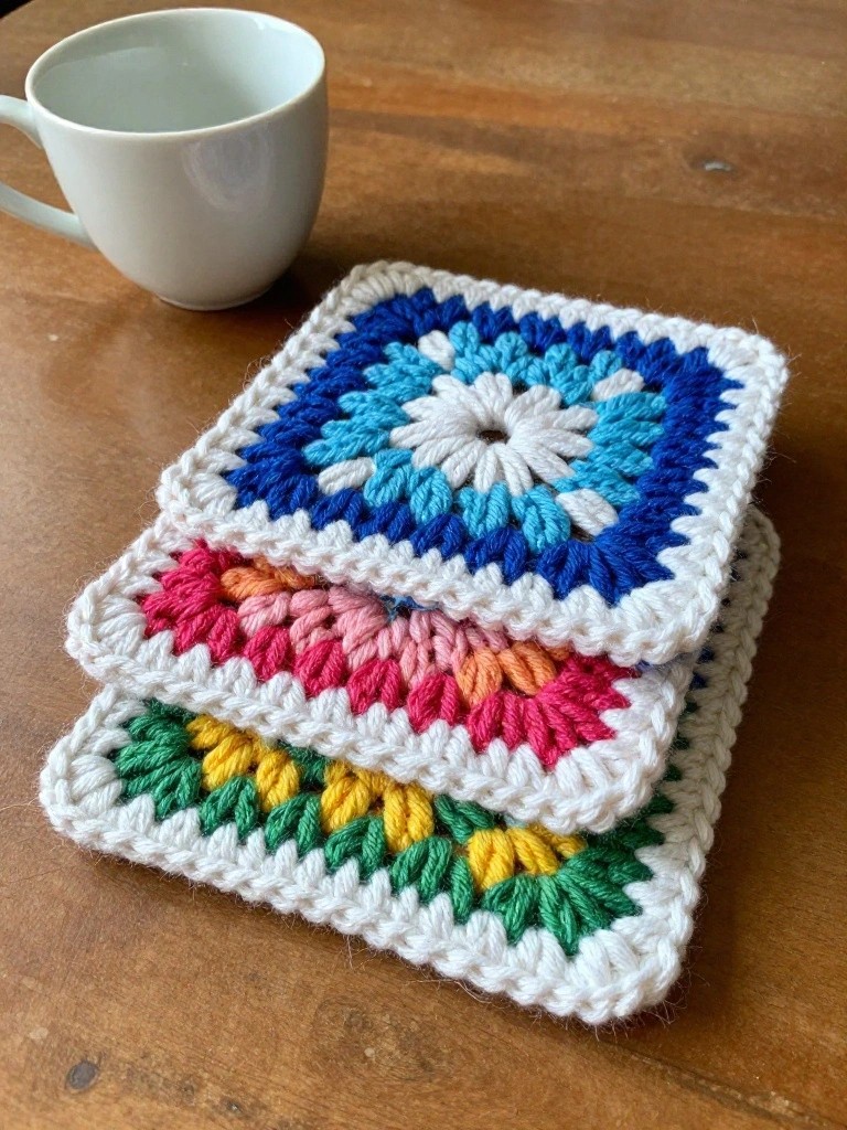 Three stacked colorful crochet granny squares beside a white mug on wood