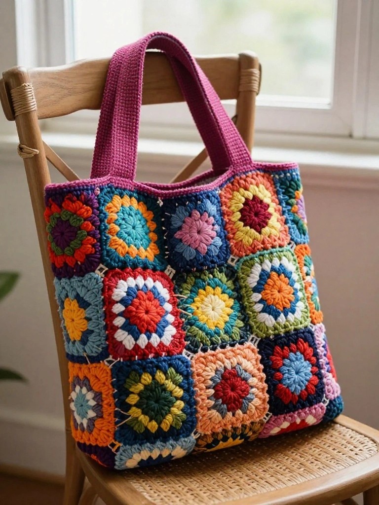 Colorful crocheted granny square tote bag with purple handles on wooden chair