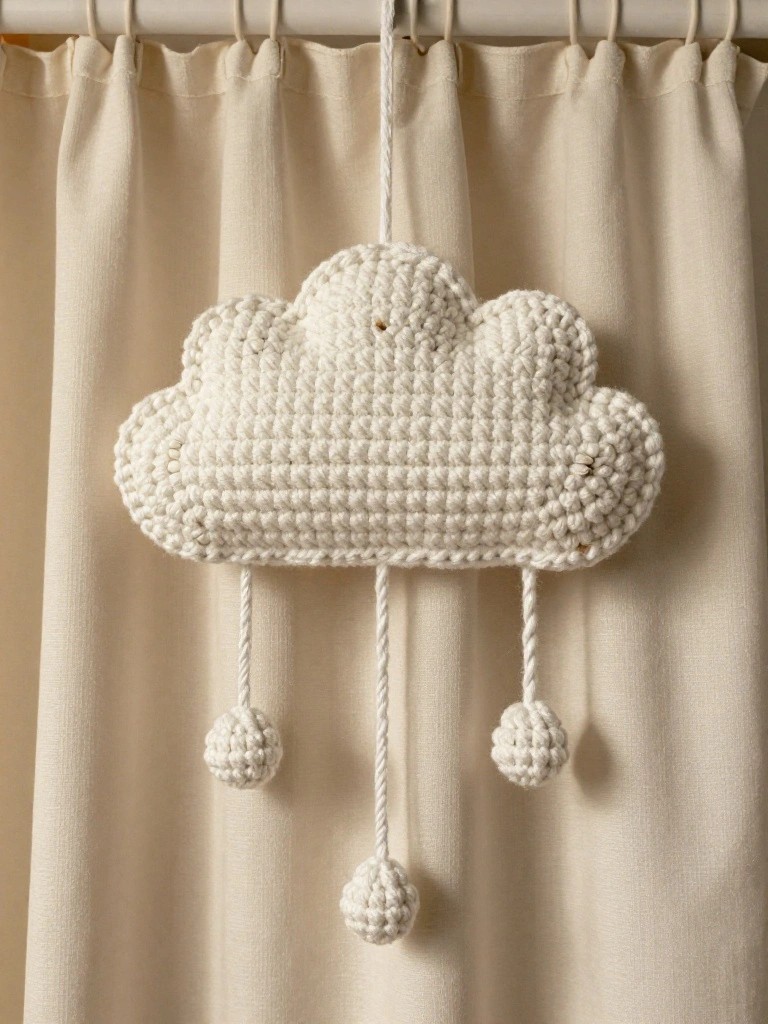 Crocheted white cloud with three dangling yarn balls hanging from curtain rod