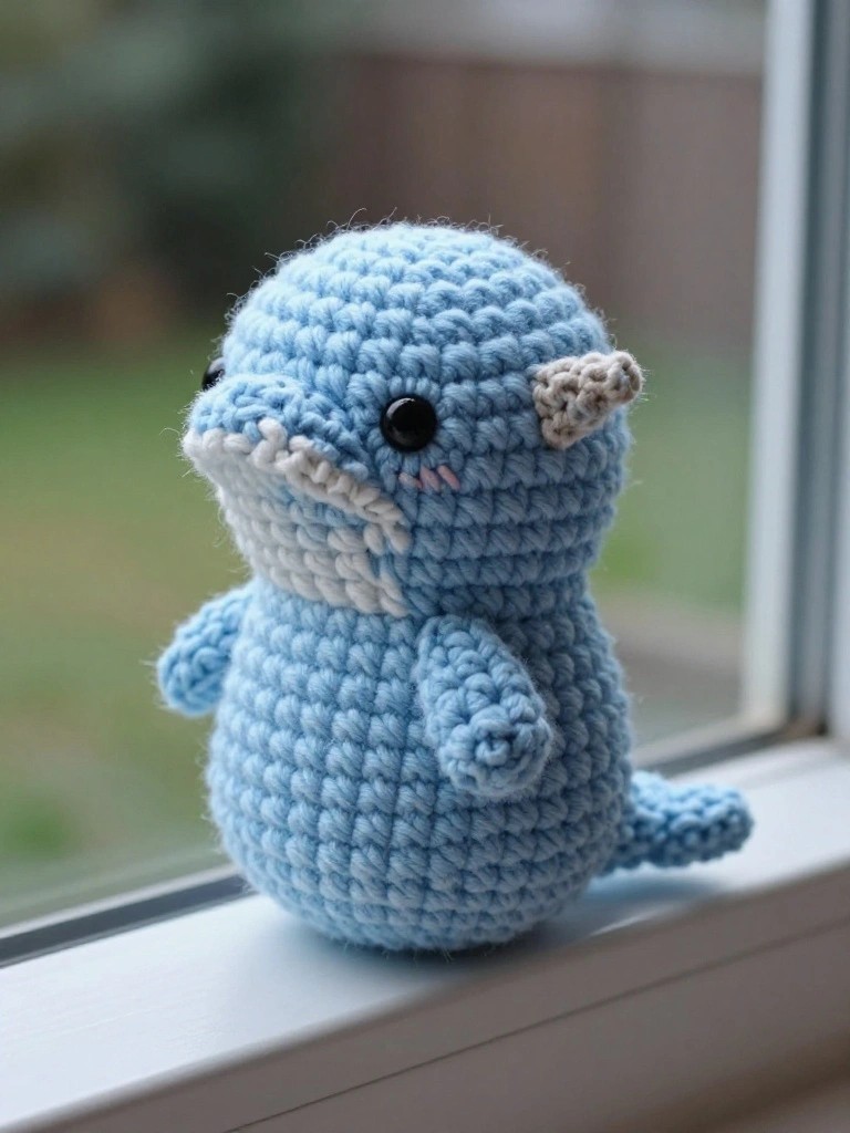 Blue crocheted seal plushie with white snout on sunny windowsill