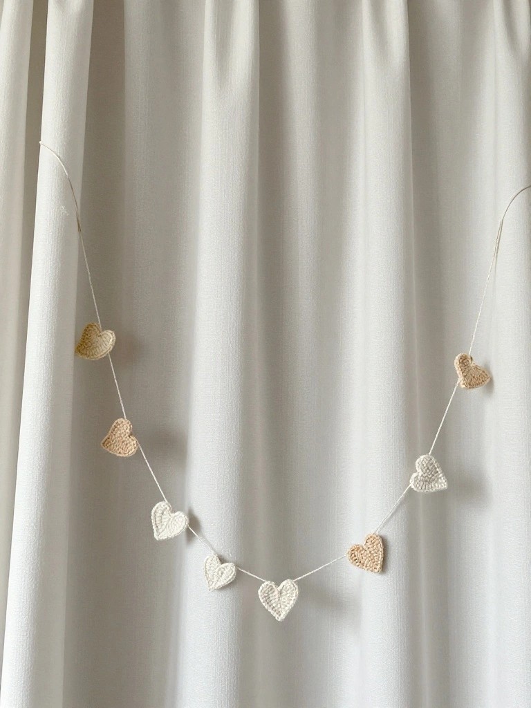 Crocheted hearts in beige and white strung across white curtains