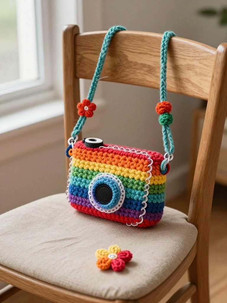 Crocheted rainbow striped camera-shaped bag with teal strap on wooden chair seat.