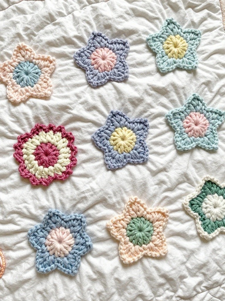 Pastel crocheted star motifs scattered across white quilted fabric.