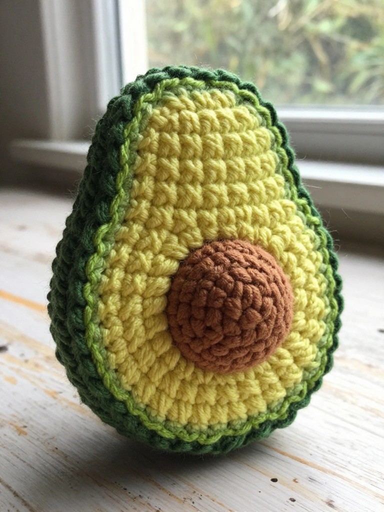 Crocheted avocado half with green rind, yellow flesh, and brown pit on wood