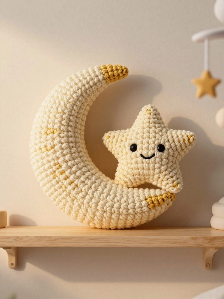 Crocheted cream crescent moon with yellow tips holding a matching star on a wooden shelf.