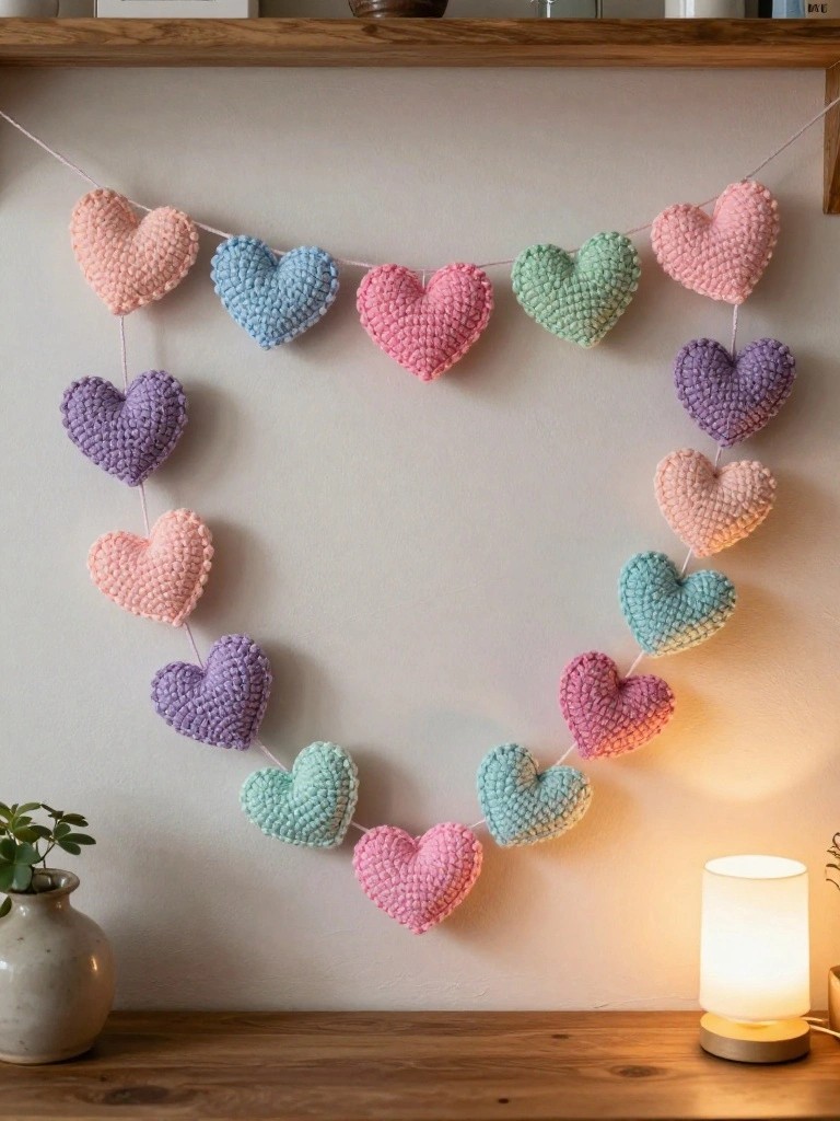 Pastel crocheted hearts strung as a garland on a wall near a glowing lamp
