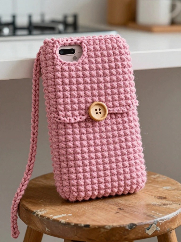 Pink crocheted phone pouch with wooden button on rustic stool