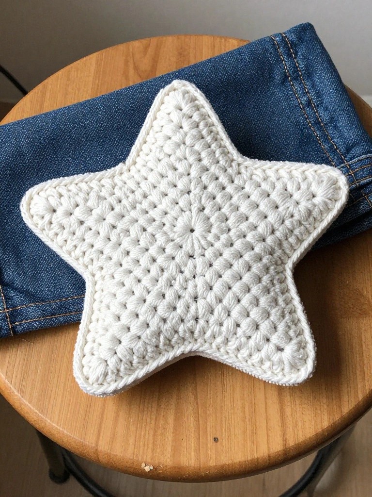 White crocheted star pillow on blue denim jeans atop wooden stool