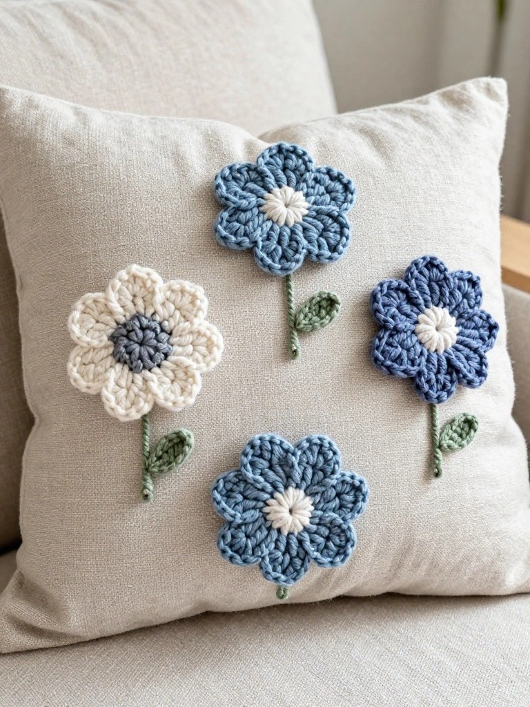 A beige fabric pillow with four crocheted flowers in blue and white tones plus green stems and leaves sewn on as appliques.
