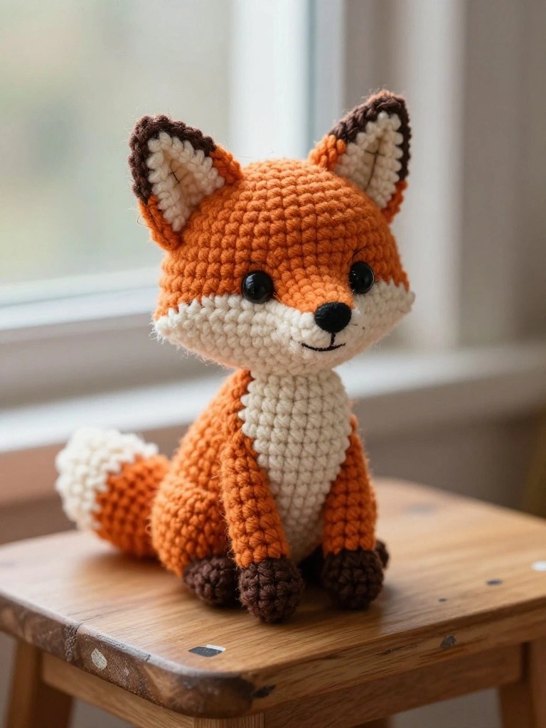Crocheted orange fox with white chest and brown accents on wooden stool
