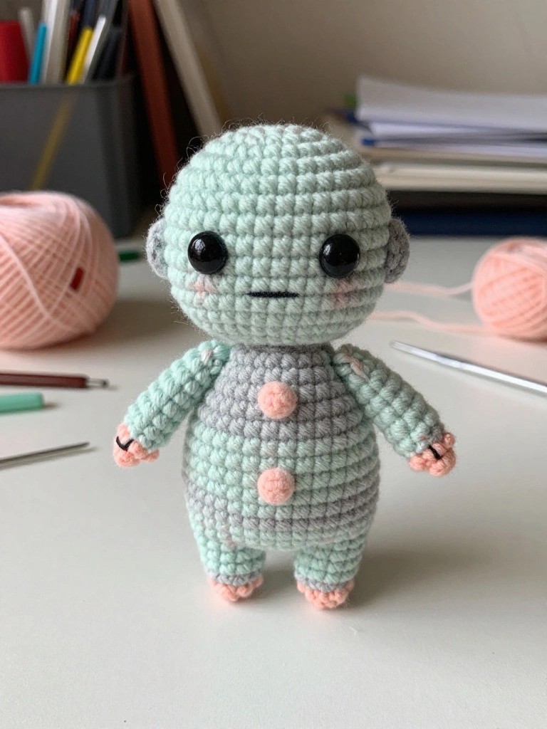Crocheted mint green amigurumi doll with pink buttons amid yarn and hooks.
