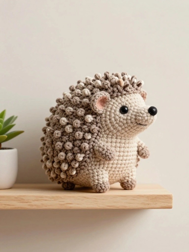Crocheted beige hedgehog with brown spikes on wooden shelf beside potted plant