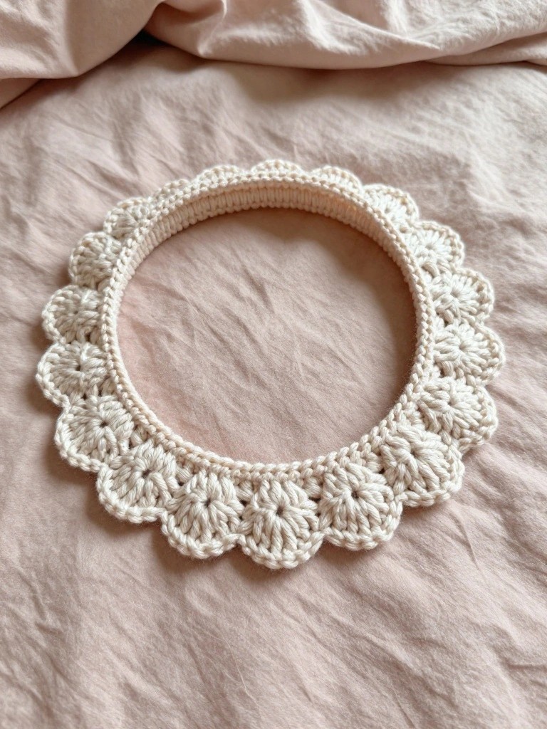 Cream crocheted scalloped collar resting on wrinkled pale pink fabric