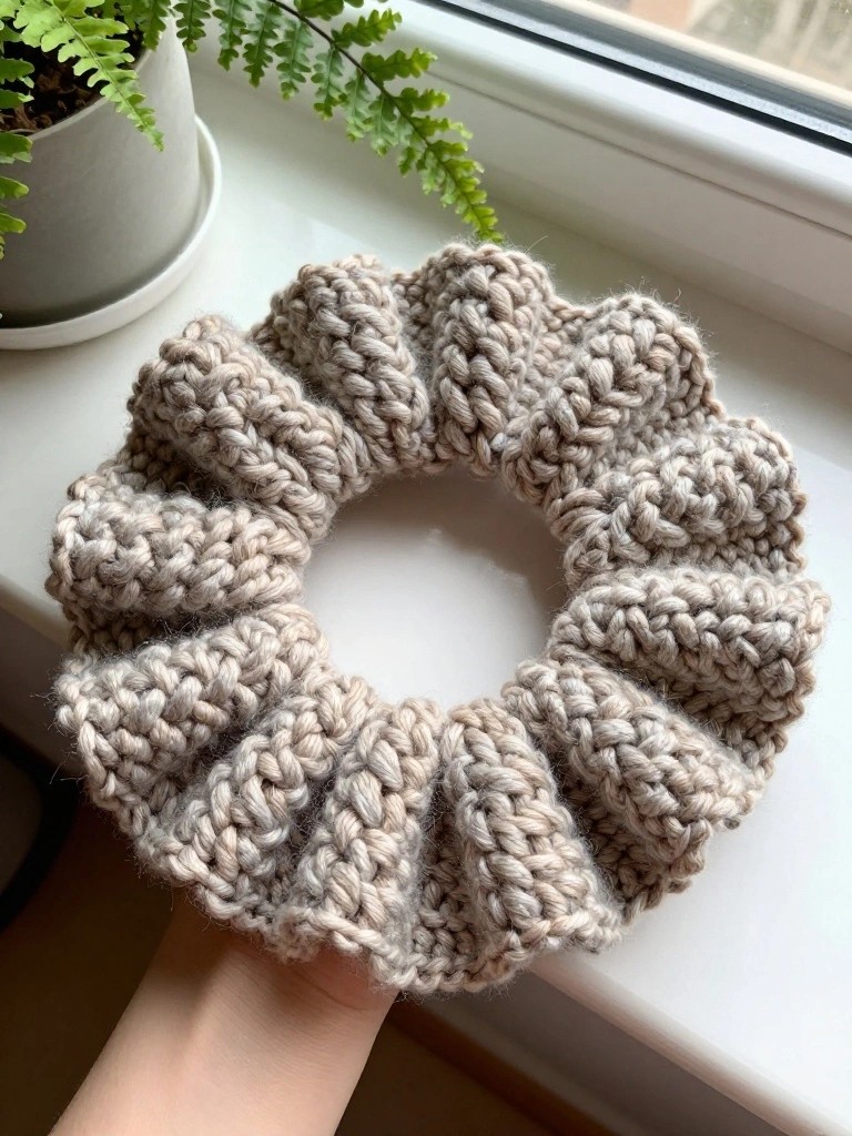 Hand holding chunky beige knitted scrunchie on windowsill beside potted fern.