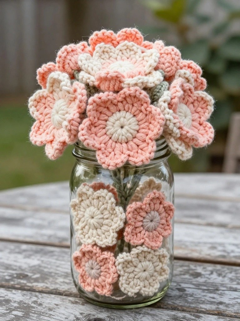 A glass mason jar filled with crocheted flowers in peach and cream shades sitting on a wooden table.