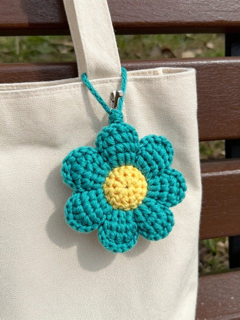 Teal crocheted flower with yellow center clipped to canvas tote bag
