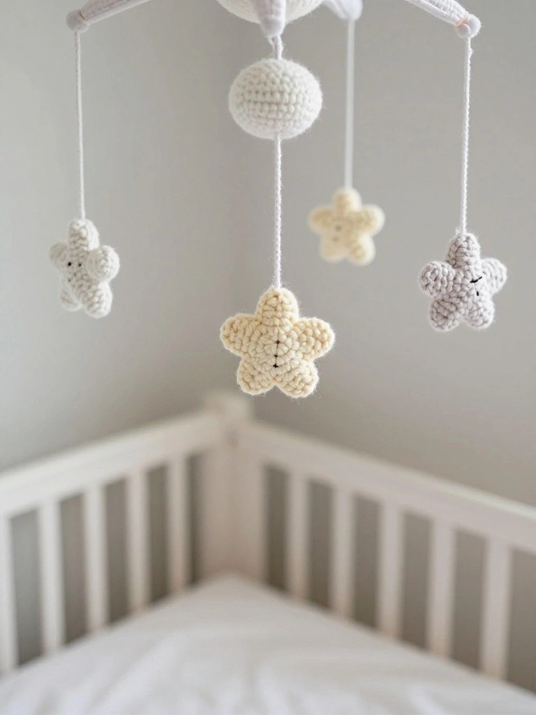 Crocheted white stars and sphere mobile hanging above wooden crib
