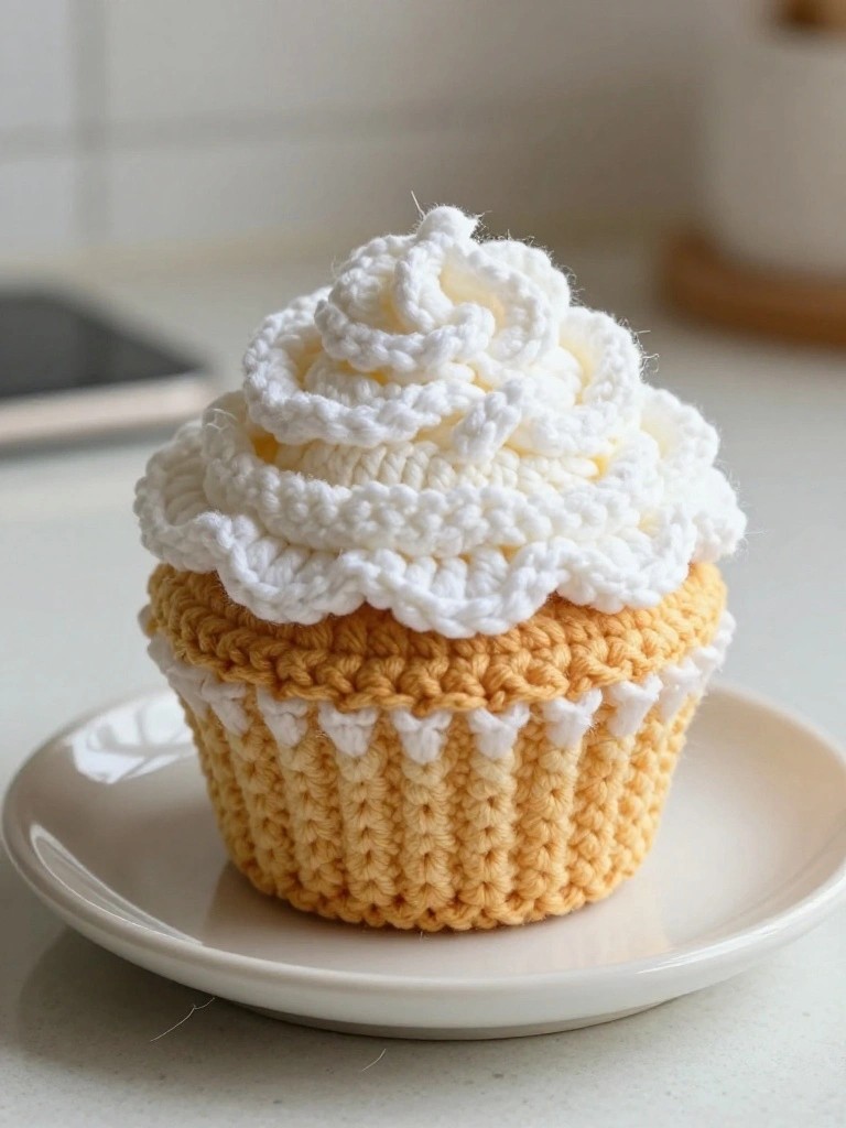 Yellow crocheted cupcake with swirled white yarn frosting on white plate