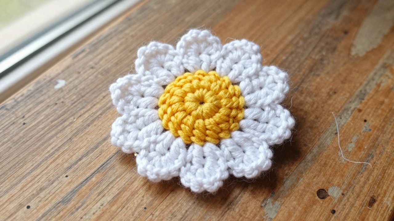 Crocheted daisy with white petals and yellow center on wooden surface.