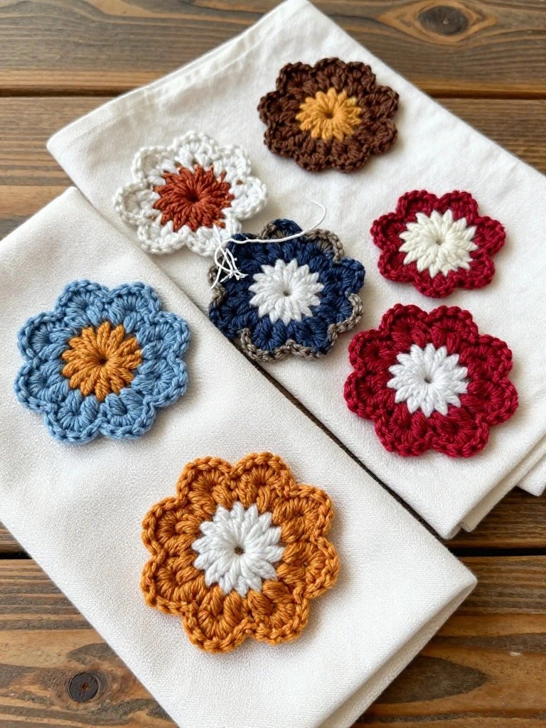 Assorted colorful crocheted flowers on folded white fabric napkins over wood.