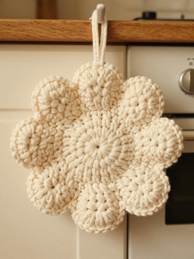 Cream crocheted flower potholder hanging from hook above white stove