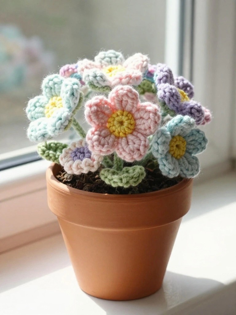 Pastel crocheted flowers with yellow centers in a terracotta pot on a windowsill