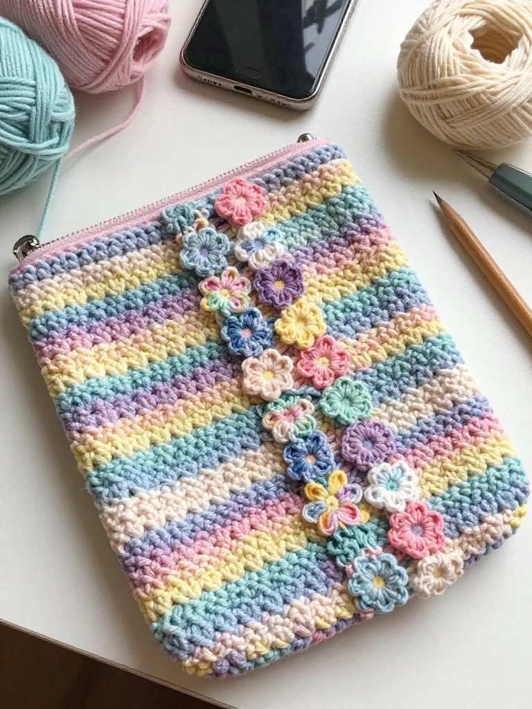 Crocheted zipper pouch in pastel stripes with small flower appliqués arranged vertically on the front, next to yarn balls and tools.
