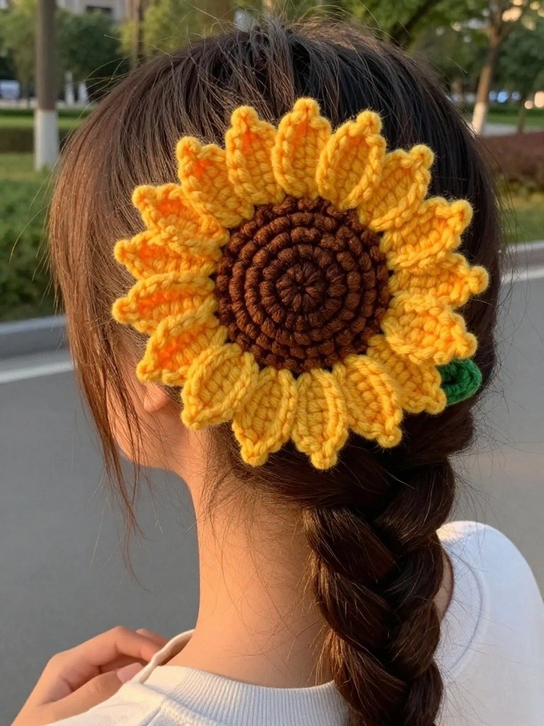 A crocheted sunflower with yellow and orange petals and a brown center clipped into a person's braid.