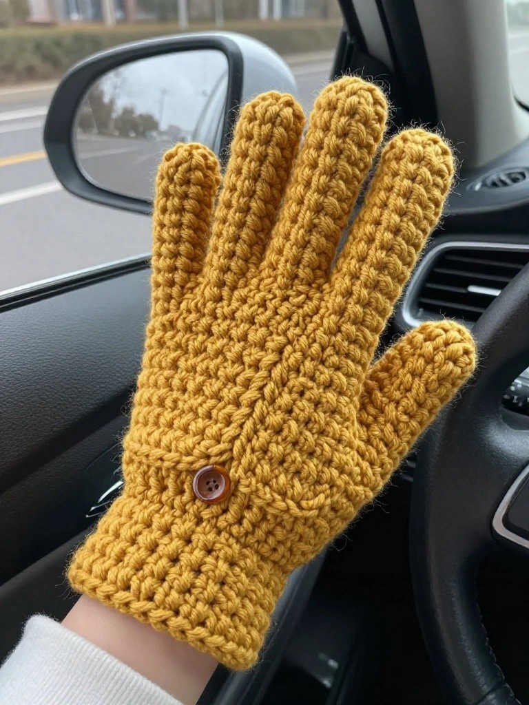 Yellow crocheted glove with button raised inside car interior