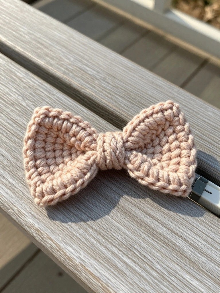 Light pink crocheted bow with clip on weathered wooden bench slats