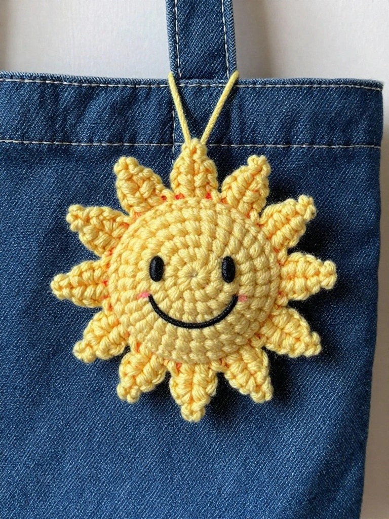 Yellow crocheted sun with smiling face on blue denim bag.
