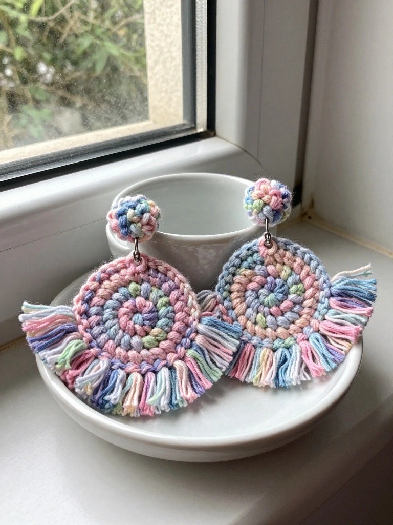 Pastel crocheted earrings with tassels on a white plate near a cup
