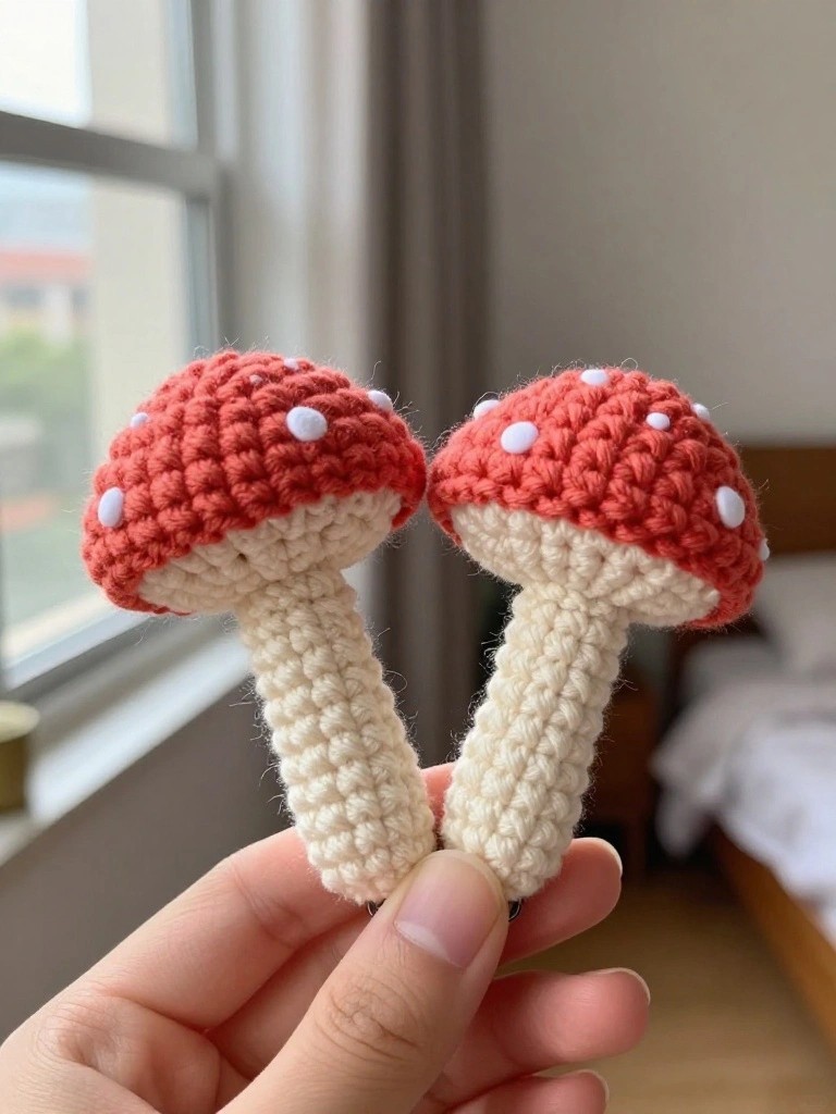 Two small crocheted mushrooms with red spotted caps and cream stems held between fingers.