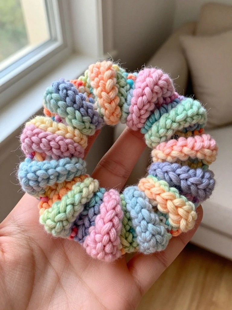 A hand holds a multicolored crocheted scrunchie with pastel yarn sections.
