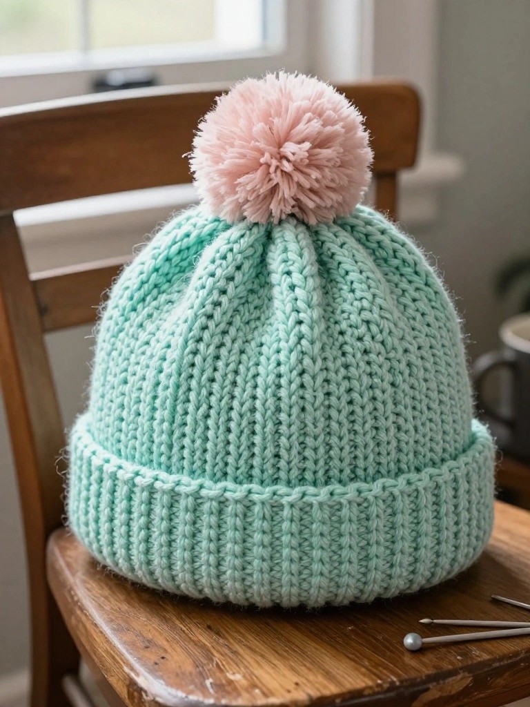 A mint green crocheted beanie with a pink pom-pom rests on a wooden chair beside knitting needles.