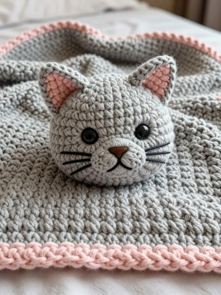 Gray crocheted cat face with pink ears on matching blanket with pink trim.