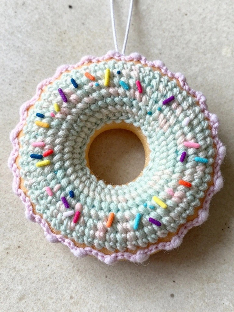 A crocheted donut with pink border, light blue top layer, and multicolored sprinkles attached to a white hanging loop.