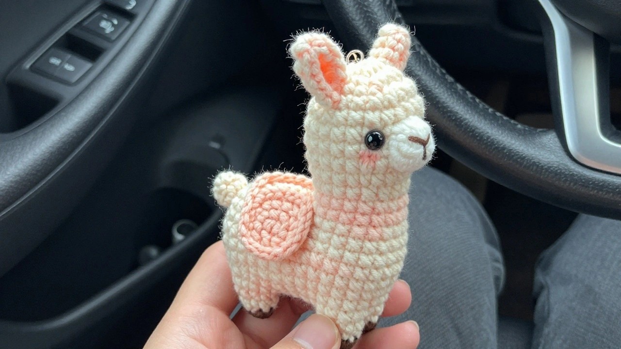 Hand holding small crocheted pink llama keychain inside car interior.