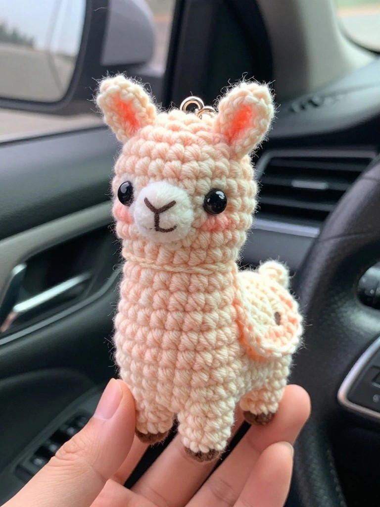 Hand holding small crocheted pink llama keychain inside car interior.