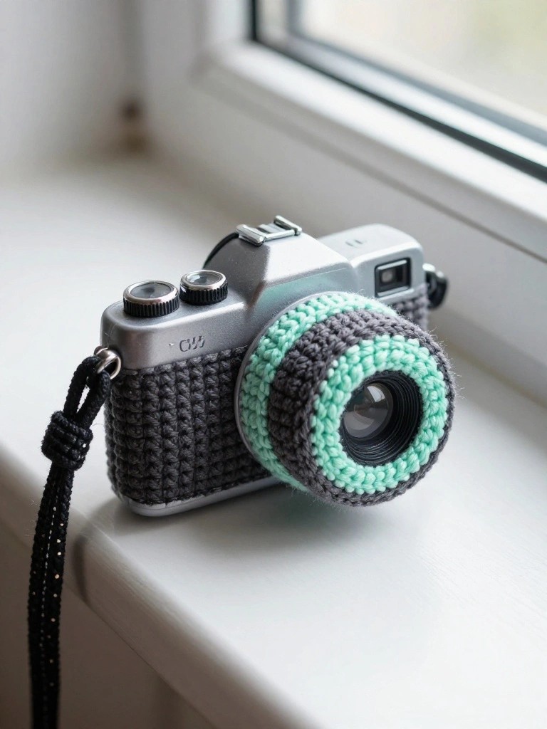 Vintage silver camera with gray and mint crocheted lens cover on white windowsill.