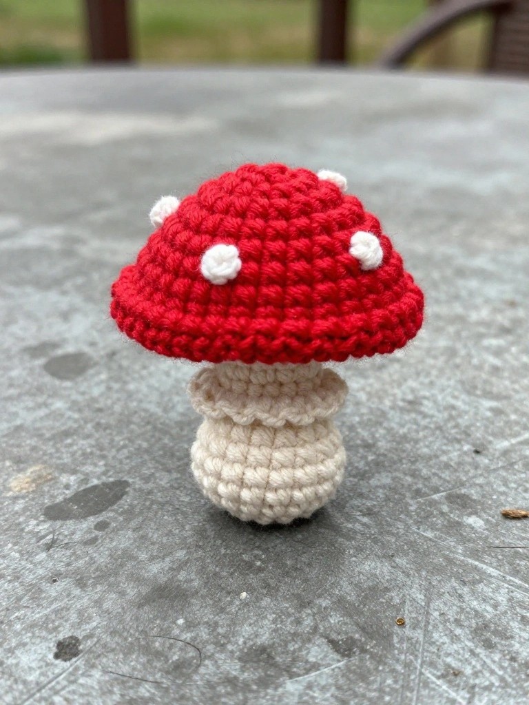 Crocheted red mushroom with white spots and beige stem on gray table