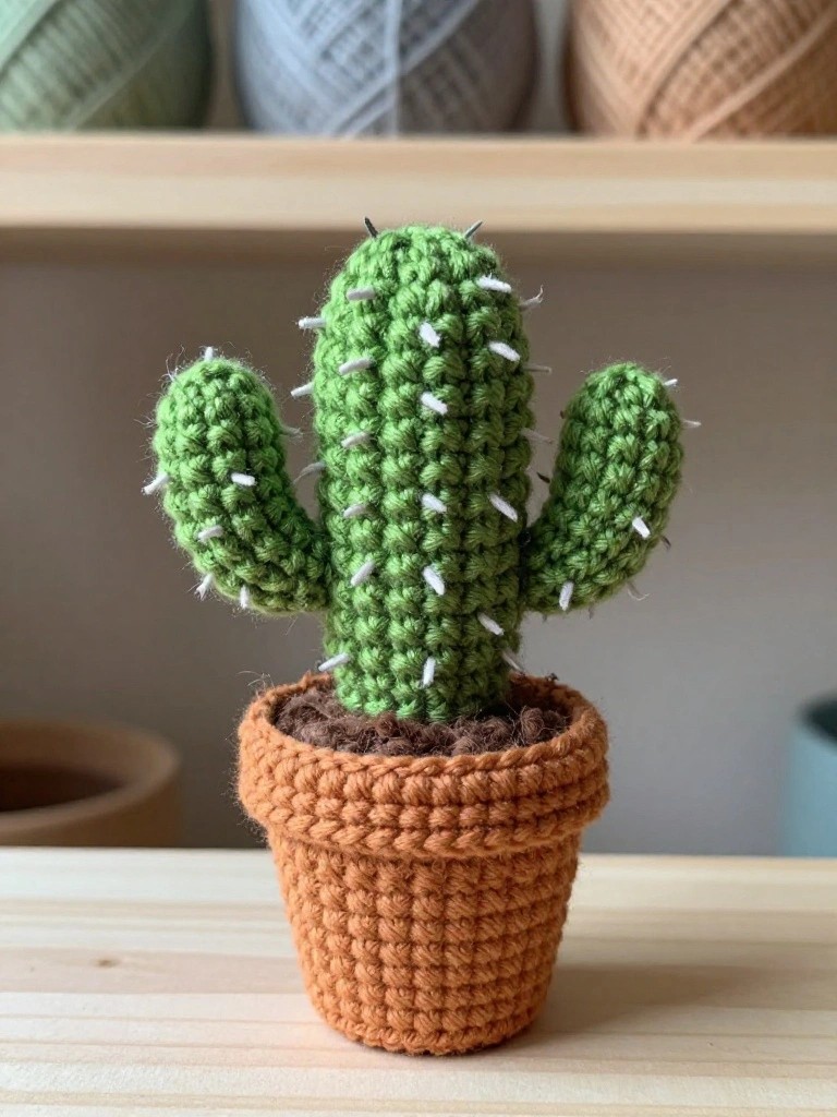 A small crocheted green cactus with white spines sits in a brown crocheted pot on a wooden surface.