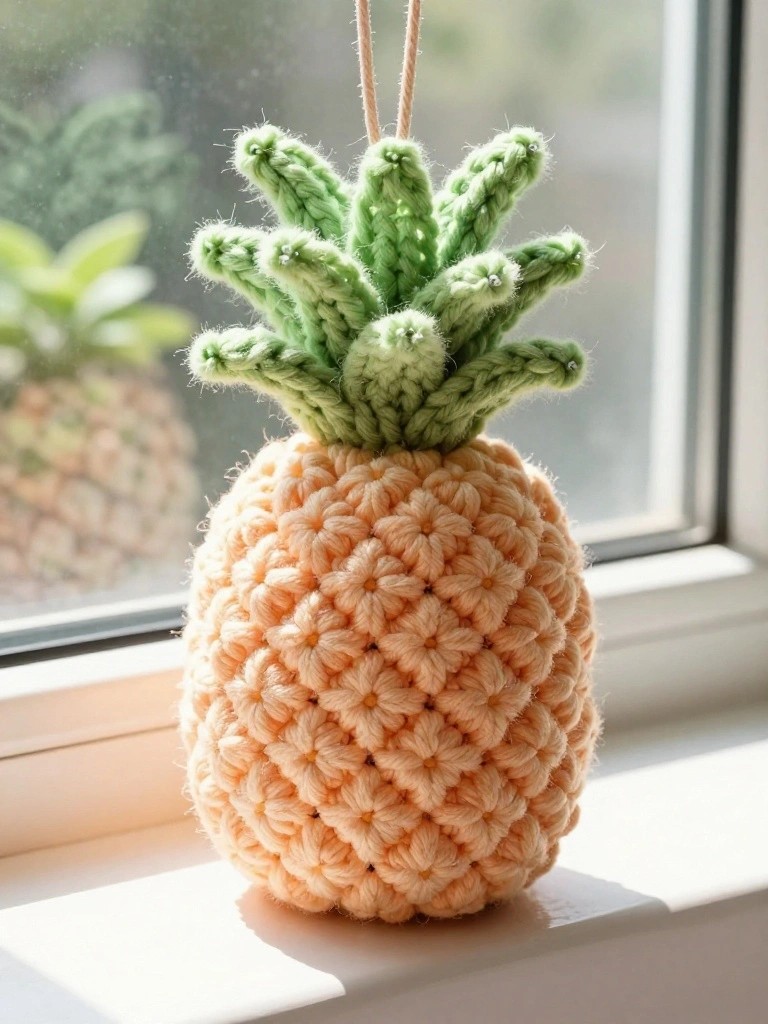 A crocheted pineapple with an orange body and green top hangs from a string on a windowsill.