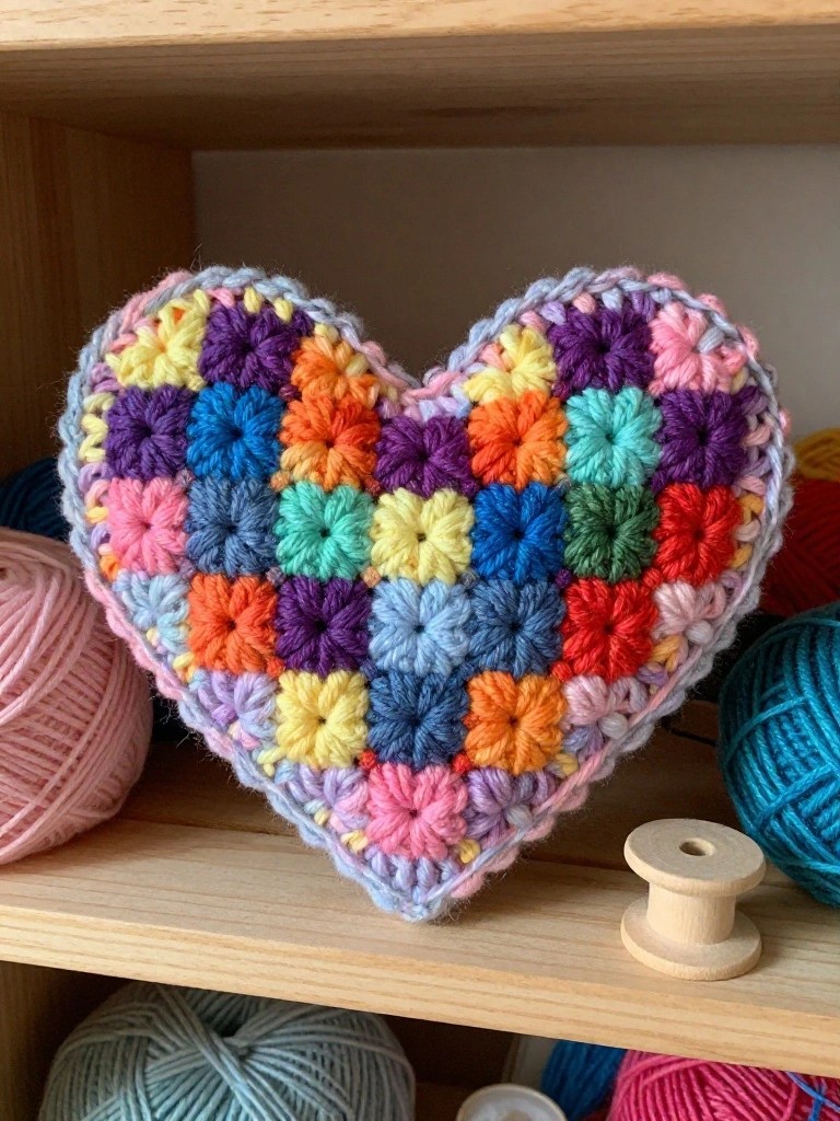 Colorful granny square crochet heart pillow on wooden shelf with yarn balls.